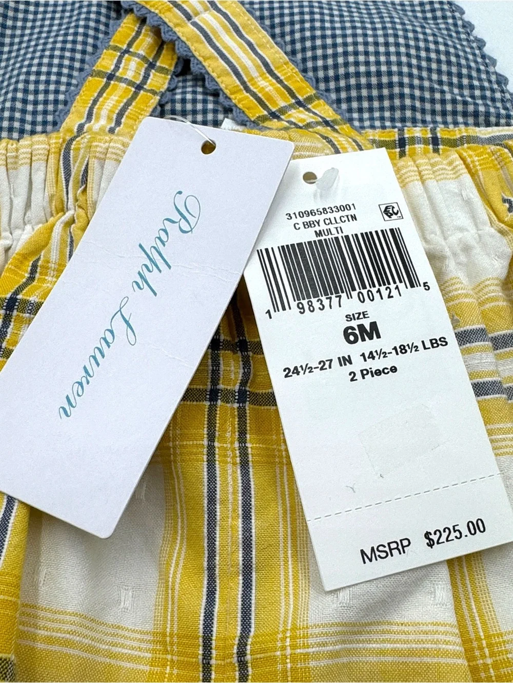 NWT Ralph Lauren Baby 2-Piece Plaid Cotton Dobby Romper & Sun Hat Set Size 6M